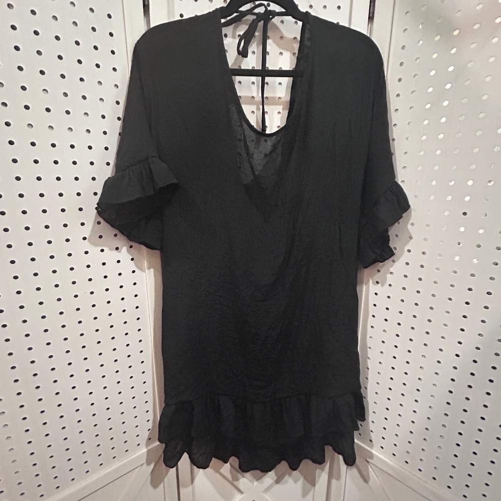 4/$17 SHEIN Black Ruffle V Neck Tie Back Beach sheer Cover Up Tunic Size M‎